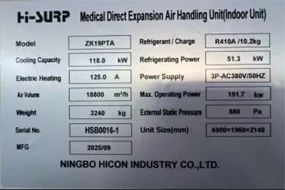 Parameter of Direct Expansion Air Handling Unit